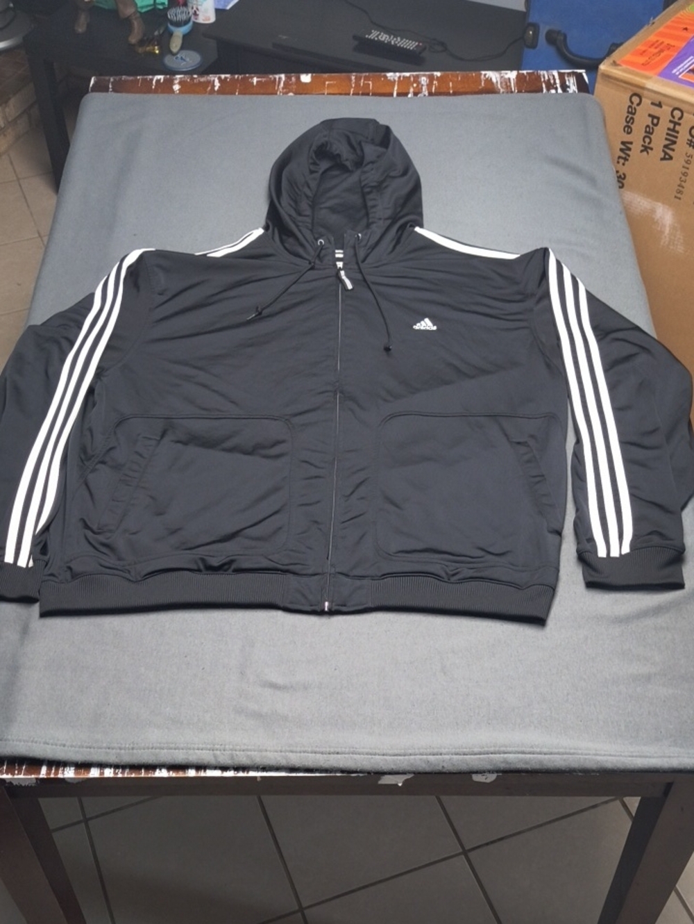 adidas Black Hooded Performance Jacket with White Stripes Size 2XL